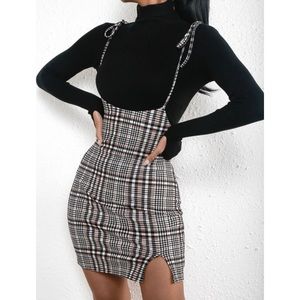 NWOT SHEIN Plaid Print Split Hem Knotted Shoulder Overall Dress